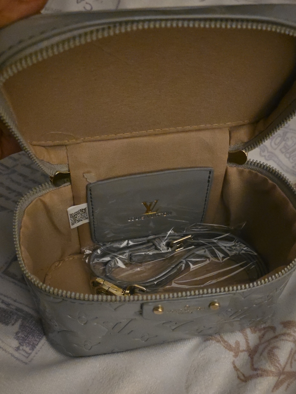 LV Embossed Gray Patent Monogram Crossbody with Gold Hardware